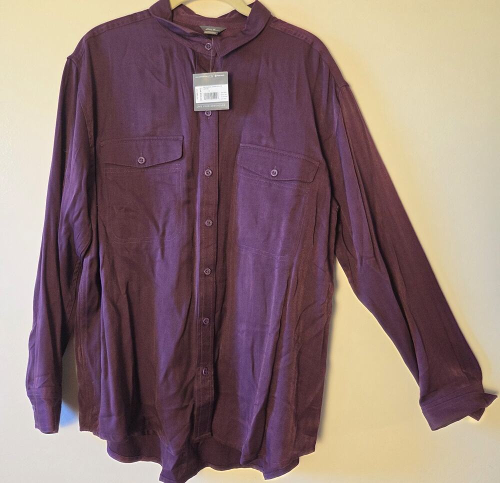 Eddie Bauer Womens Large L Purple Button Up Utility Shirt Flap Pockets Sandwash